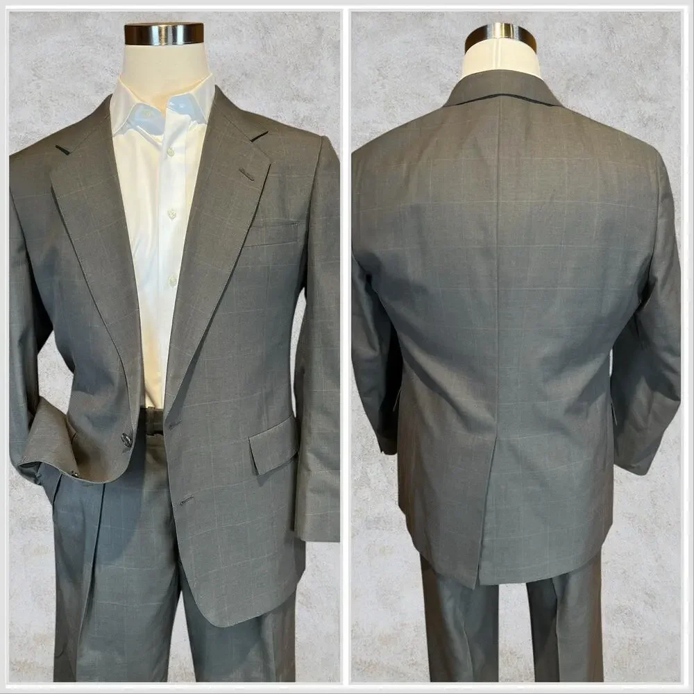 Vtg Hart Schaffner Marx 42R 34x29 Taupe Brown Plaid Classic Suit Viracle